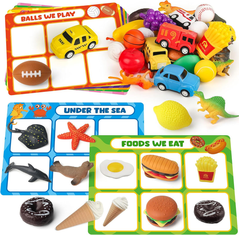 Coogam Sorting Toy for Toddlers, Animals Dinosaurs Fruits Vehicles Foods Fishes Balls Farm Playset, Fine Motor Montessori Game Preschool Educational Learning Gift for 2 3 4 Year old