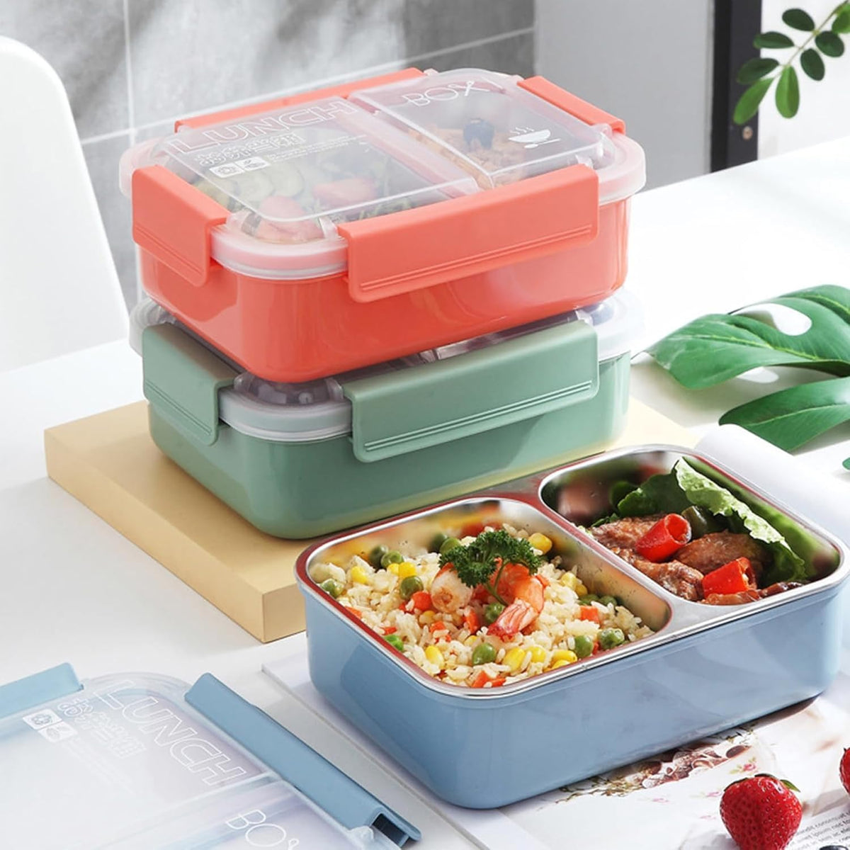 Stainless Steel Bento Lunch Box with 2 Compartments - Insulated, Leak Proof Bento Box for Kids, Adults Airtight Tiffin Lunchbox for Office, School (BLUE) – image 9