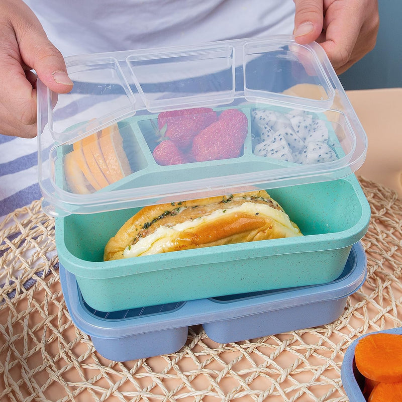 4 Pcs Wheat Straw PP 4-Compartment Bento Lunch Box, Reusable Snack Box for Adults and Kids, Meal Prep Containers for School, Work, Travel, Freezer and Dishwasher Safe