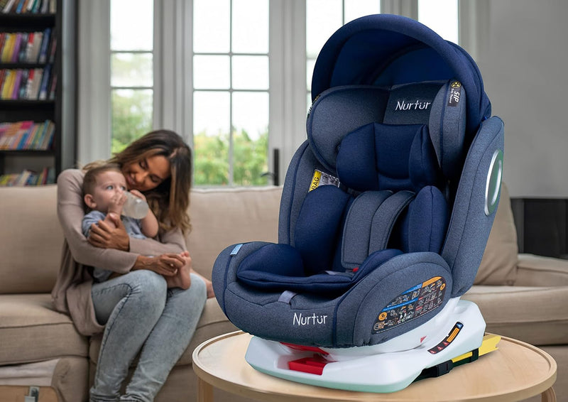 Nurtur Ultra Baby/Kids 4-in-1 Car Seat - 360 Rotation - ISOFIX 9-Level Adjustable Headrest and Canopy - 0 months to 12 years (Group 0+/1/2/3), Upto 36kg- Shiny Blue