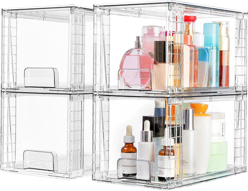 4 Large Stackable Clear Acrylic Drawer Organizer with Handles, Easy Assembly for Bathroom, Kitchen Cabinet, Closet, Makeup - 4pack-Medium