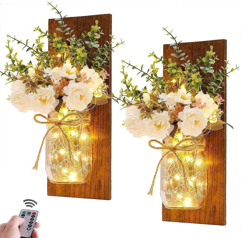 Mumoo Bear Rustic Wall Sconces Mason Jar Handmade Art Hanging Design with Remote Control LED Fairy Lights and White Peony,Farmhouse Kitchen Decorations Living Room Set of Two