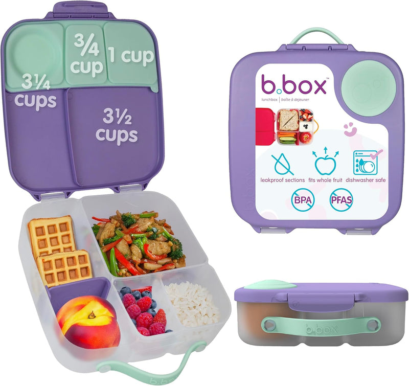 b.box Lunchbox Jumbo Bento Box with 4 Compartments (2 Leakproof), Removable Divider, Gel Cold Pack Ideal for School from 3+ 1L Capacity - Lilac Pop