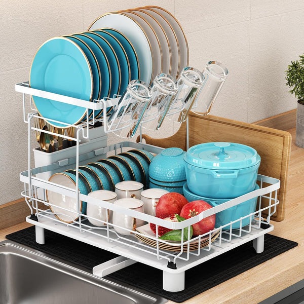 MAJALiS Stainless Steel Dish Drying Stand with Drainboard and Drying Mat with Utensil, Cutting Board and Cup Holder, Large Capacity, for Kitchen Counter, for Drying Washed Tableware, 2 Tier, Black - White L