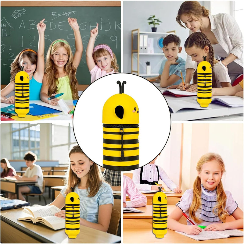Little Bee Pencil Case 2 in 1, Kawaii Pen Case Soft Silicone, Cute Yellow Bee Table Pen Holder Pouch Pencil Case with Zipper for School Students Teens Girls Boys, Portable, Lightweight, Durable