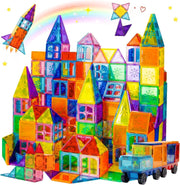 SKY-TOUCH 100PCS Magnetic Tiles, STEM Building Blocks Set, 3D Magnet Puzzles Stacking Blocks with 2 Cars, Sensory Stacking Magnetic Blocks Toys for 3+ Year Old Boys and Girls - 100pcs Magnetic Tiles