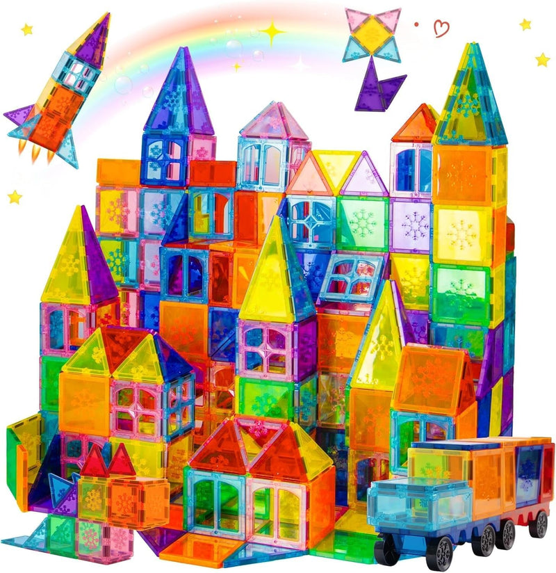SKY-TOUCH 100PCS Magnetic Tiles, STEM Building Blocks Set, 3D Magnet Puzzles Stacking Blocks with 2 Cars, Sensory Stacking Magnetic Blocks Toys for 3+ Year Old Boys and Girls - 100pcs Magnetic Tiles