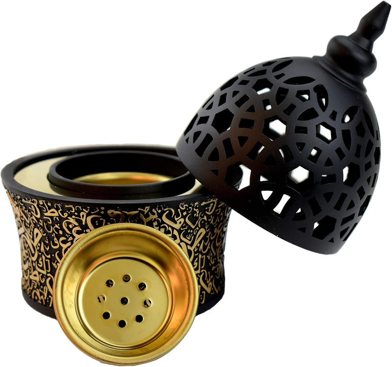 Calligraphy Style Closed Incense Burner (Mabkhara) Metal Tray Inside 8in Tall - Black