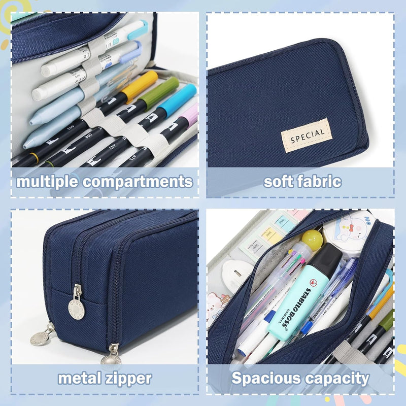 Cicimelon Pencil Case Large Capacity Pouch 3 Compartments Bag Gift For Students Girls Adults Women (Navy)