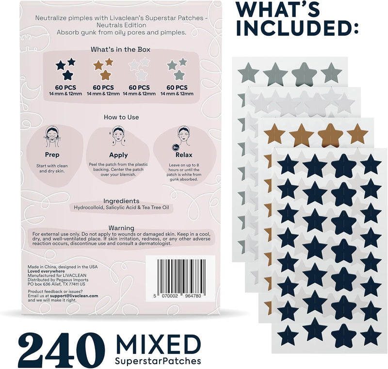 LivaClean Star Pimple Patches for Face w/Hydrocolloid, Salicylic Acid & Tea Tree, 240 Patches, Hydrocolloid Acne Patch, Cute Star Pimple Patch for Healing Stickers Zit Superstar