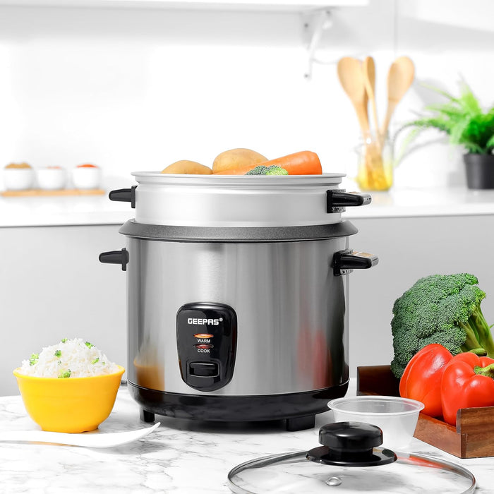 Geepas 1.8 L Multifunctional Rice Cooker- GRC35041| Durable Construction with Removable and Non-Stick Inner Pot with Cool Touch Handle|Aluminum Outer Steamer and Measuring Cup