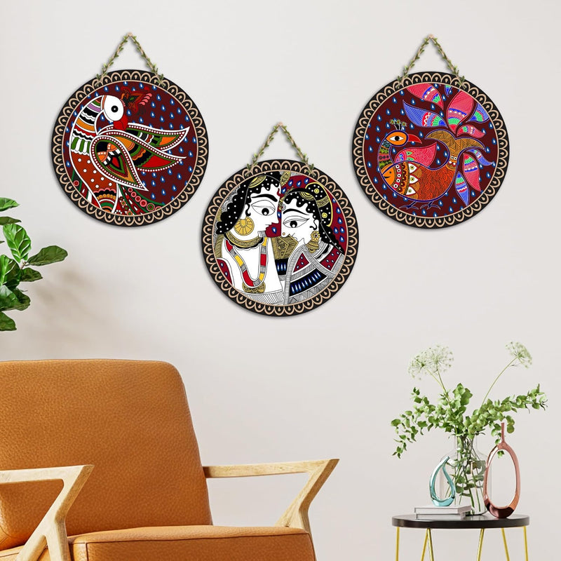 Artvibes Rajasthani Culture Wooden Wall Hanger for Home | Office | Living Room | Gift | Modern Decoration Items | Kitchen Wall Decor | Home Decor Hanging Items (WH_5012N), Set of 3