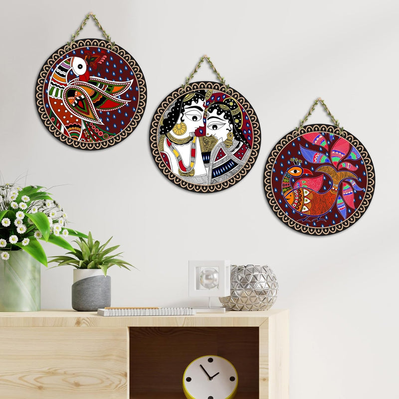 Artvibes Rajasthani Culture Wooden Wall Hanger for Home | Office | Living Room | Gift | Modern Decoration Items | Kitchen Wall Decor | Home Decor Hanging Items (WH_5012N), Set of 3
