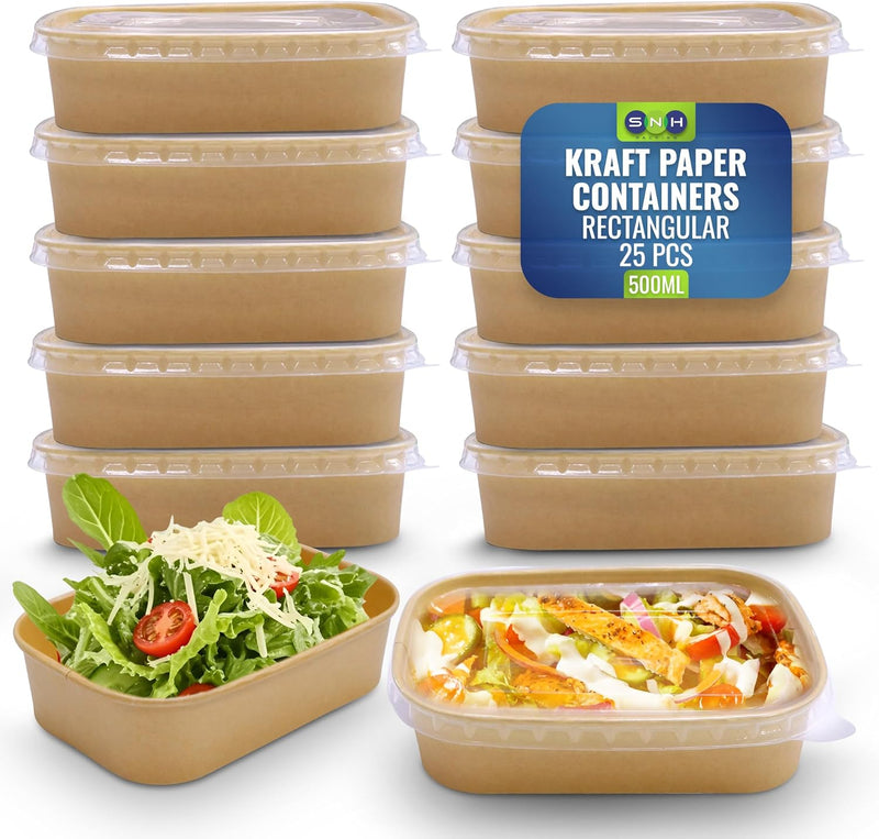 Disposable 25-Pack Kraft Paper Containers 500 ml with Lid, Rectangular Disposable Bowls, Sturdy Food Salad Containers, Eco-Friendly Takeaway Lunch Boxes, Microwave Safe, Heavy Duty Meal Prep Box - Brown (Pack 25) 500 ml