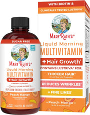 MaryRuth's Liquid Multivitamin + Lustriva Hair Growth for Women Biotin 10000mcg Vitamin D B Vitamins Clinically Tested for Thicker Hair, Wrinkles, Fine Lines, Skin Care Ages 18+ 30 Fl Oz - Peach Mango 450 ml (Pack of 1)
