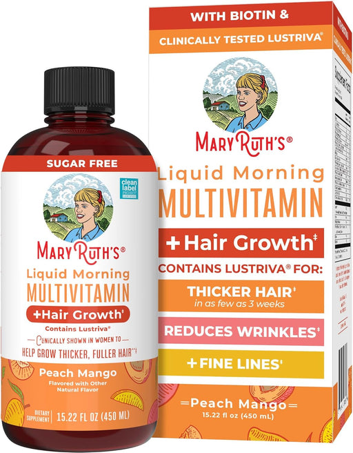 Liquid Multivitamin Lustriva Hair Growth for Women Biotin 10000mcg Vitamin D, B Clinically Tested for Thicker Hair, Wrinkles, Fine Lines, Skin Care Ages 18 15.22 Fl Oz - Peach Mango 450 ml (Pack of 1)