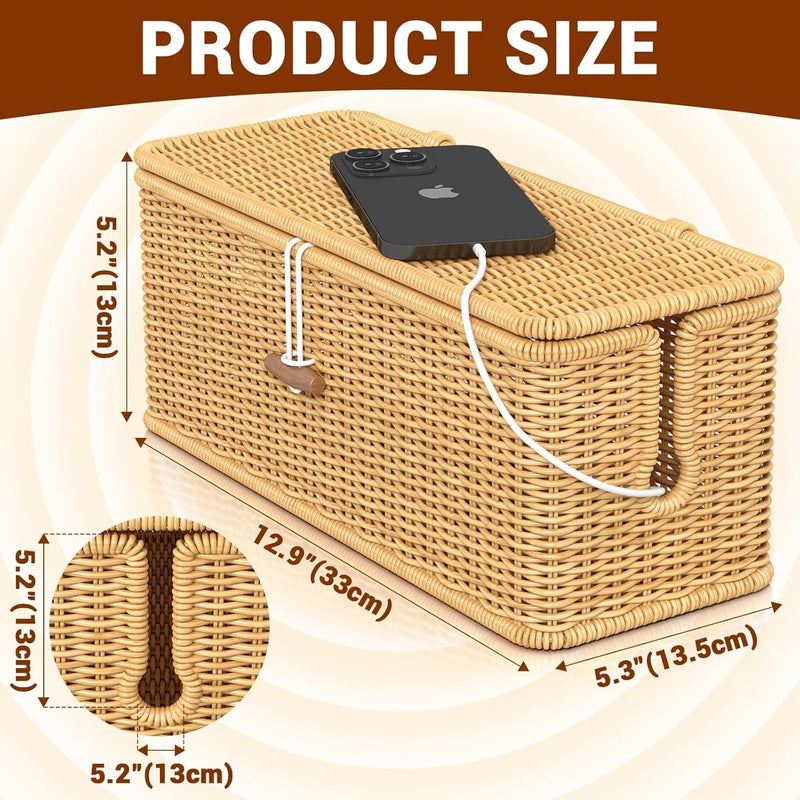 Cable Management Box, Handmade Rattan Organizer, 2 Open Slots Cords Hider Under Desk Cord Organizer Management, For Computer Router Usb Hub & Power Strip