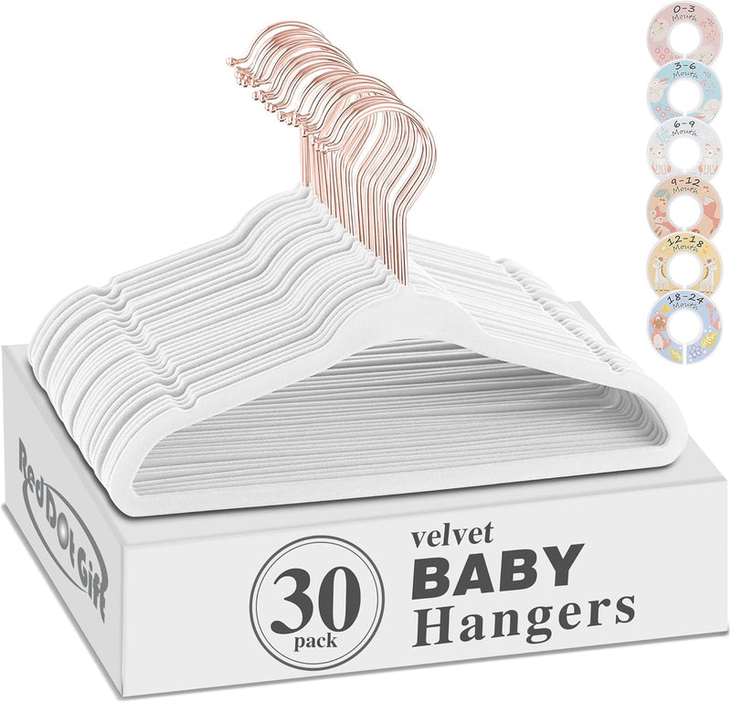 Red Dot Gift® Baby Velvet Hangers 11Inch/28cm - Nursery Clothes Hangers Non Slip Toddler Hangers, 360 Chrome Swivel Hook (White, 30)
