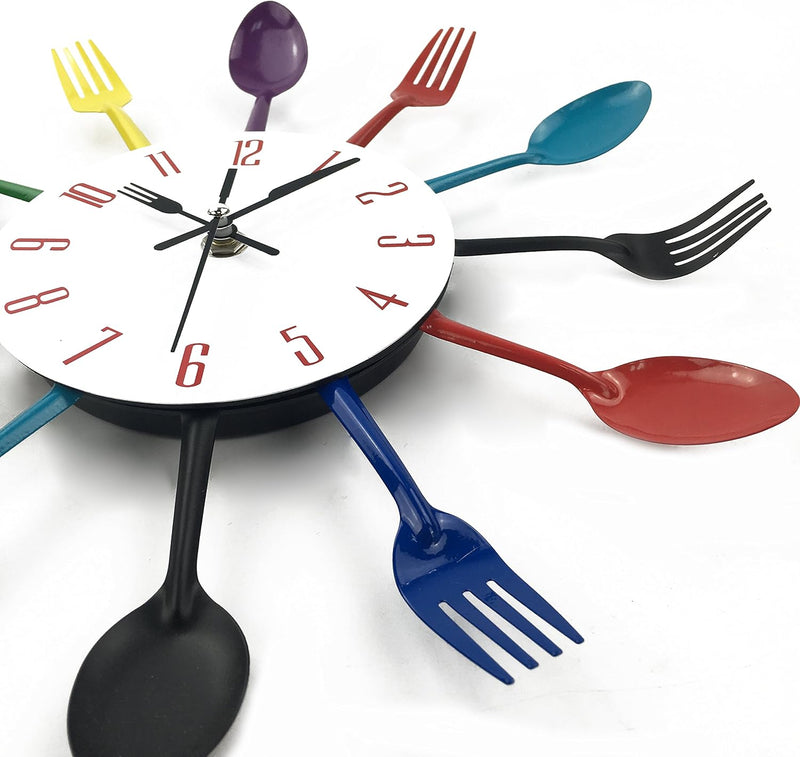 Timelike 3D Removable Modern Creative Cutlery Kitchen Spoon Fork Wall Clock Mirror Wall Decal Wall Sticker Room Home Decoration (Black)
