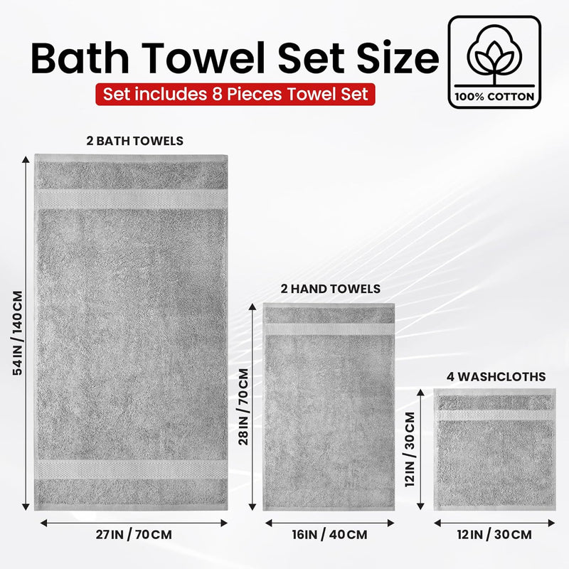 Infinitee Xclusives Premium Bath Towels Set - [Pack of 8] 100% Cotton Highly Absorbent 2 Bath Towels, 2 Hand Towels and 4 Washcloths - Hotel & Spa Quality Bath Towels for Bathroom (Shadow Grey)