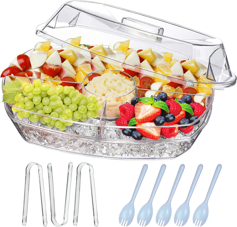 INNOVATIVE LIFE Large Salad Bowl with Ice Chiller Base and Lid, Kitchen Refrigerated Veggie Tray with Two Long Spoons, Party Platters for Food, Clear - B- Ice Fruit Tray