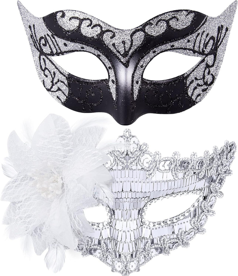 Couple Masquerade Masks Set Venetian Party Mask Costume Mask - Silver