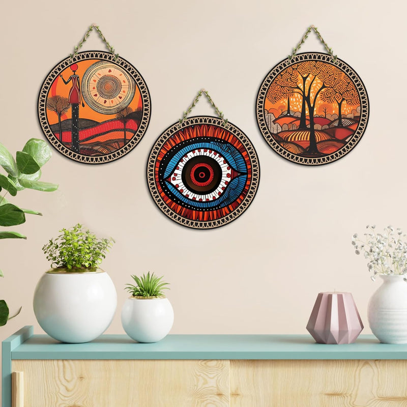 Artvibes Rajasthani Culture Wooden Wall Hanger for Home | Office | Living Room | Gift | Modern Decoration Items | Kitchen Wall Decor | Home Decor Hanging Items (WH_5012N), Set of 3
