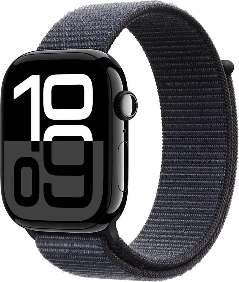 Apple Watch Series 10 GPS + Cellular 46 mm Smartwatch with Jet Black Aluminium Case with Ink Sport Loop - One Size. Fitness Tracker, ECG App, Always-On Retina Display, Carbon Neutral