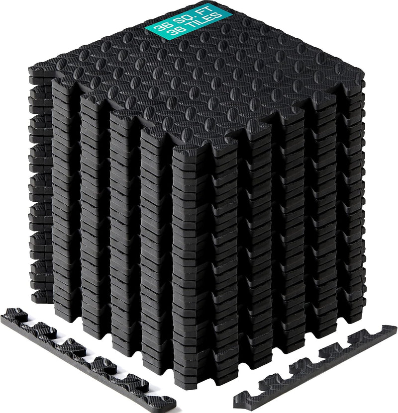 Interlocking Foam Mats for Gym Exercise Equipment (30cx30cm Each Tile - Pack of 12 Tiles For 1 Square Meter) Eva Interlocking Floor Tiles - I. Black - 36 Tiles (36 Square Feet)