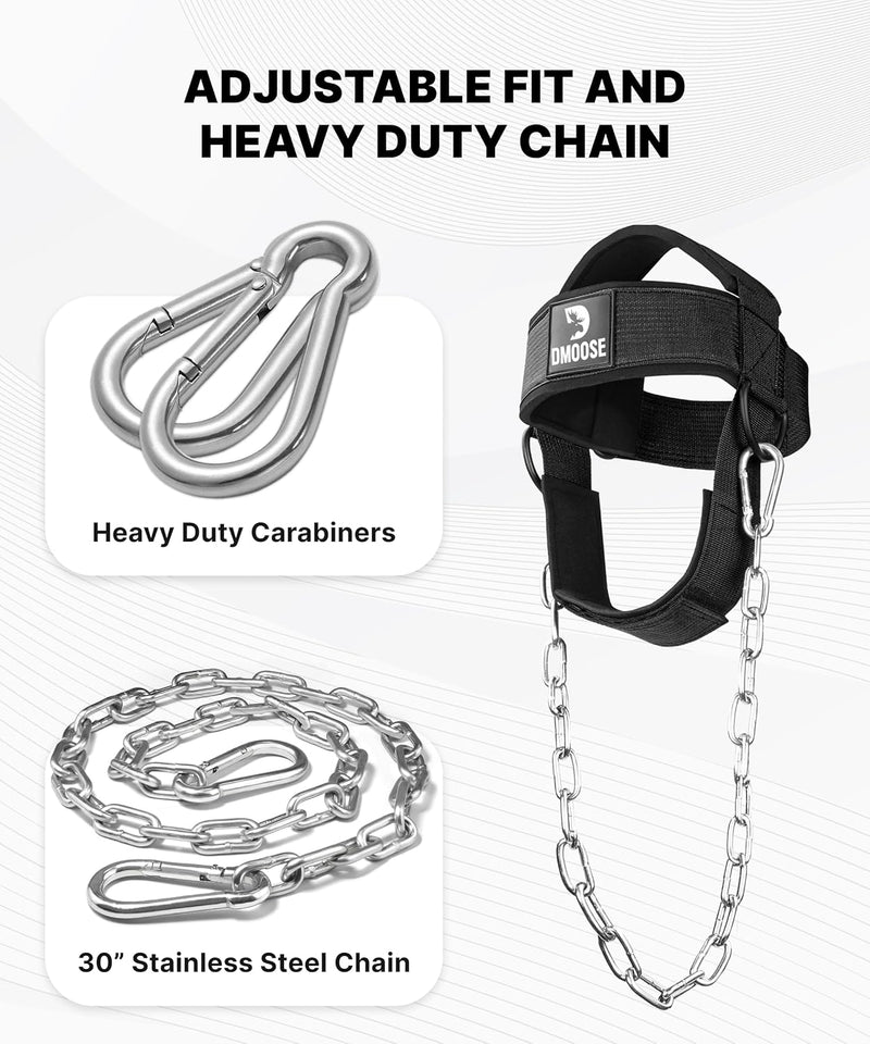 DMoose Neck Harness for Weight Lifting - 30" Heavy Duty Steel Chain - Neck Exerciser, Trainer & Strengthener for Injury Recovery Support & Workout- Adjustable Head & Chin Strap