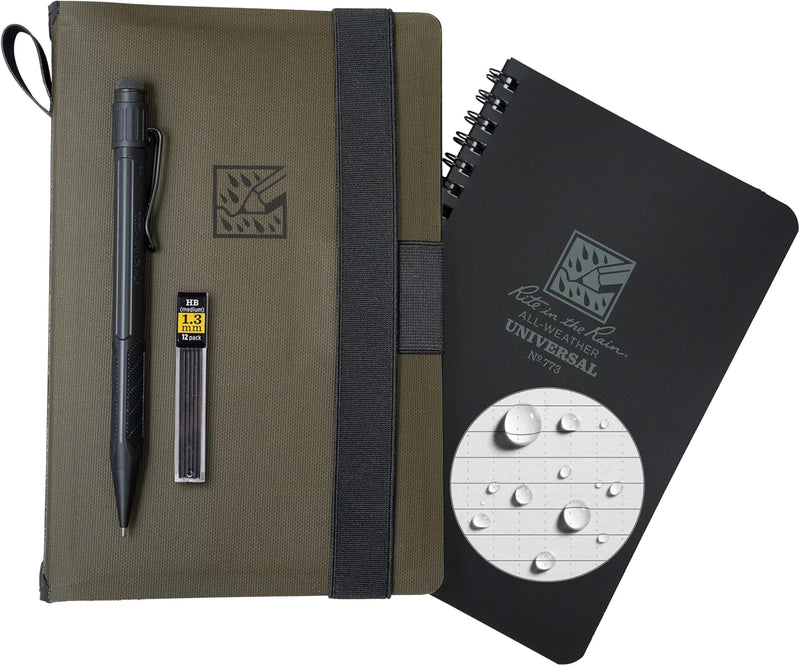 Rite in the Rain Weatherproof Side Spiral Kit: TPU Fabric Cover, 4.625" x 7" Black Notebook, and Tough Mechanical Pencil (No. M973-KIT) - KIT