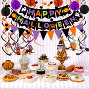 Happy Halloween Banner Party Decorations, Triangle Flag Bunting, Hanging Garland, Honeycomb Ball, Swirl Streamers & Confetti Dots for Halloween Party Decorations