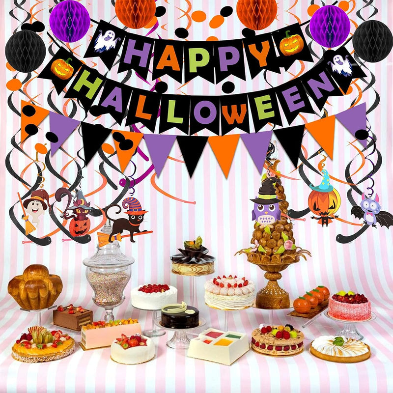 Happy Halloween Banner Party Decorations, Triangle Flag Bunting, Hanging Garland, Honeycomb Ball, Swirl Streamers & Confetti Dots for Halloween Party Decorations