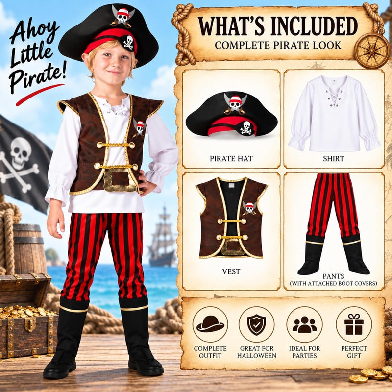 Doodle Kiddo Pirate Costume for Kids 3-12 Years Halloween Pirate Outfit with Hat, Vest, Pants & Eye Patch Fancy Dress & Pretend Play Costume for Kids & Toddlers