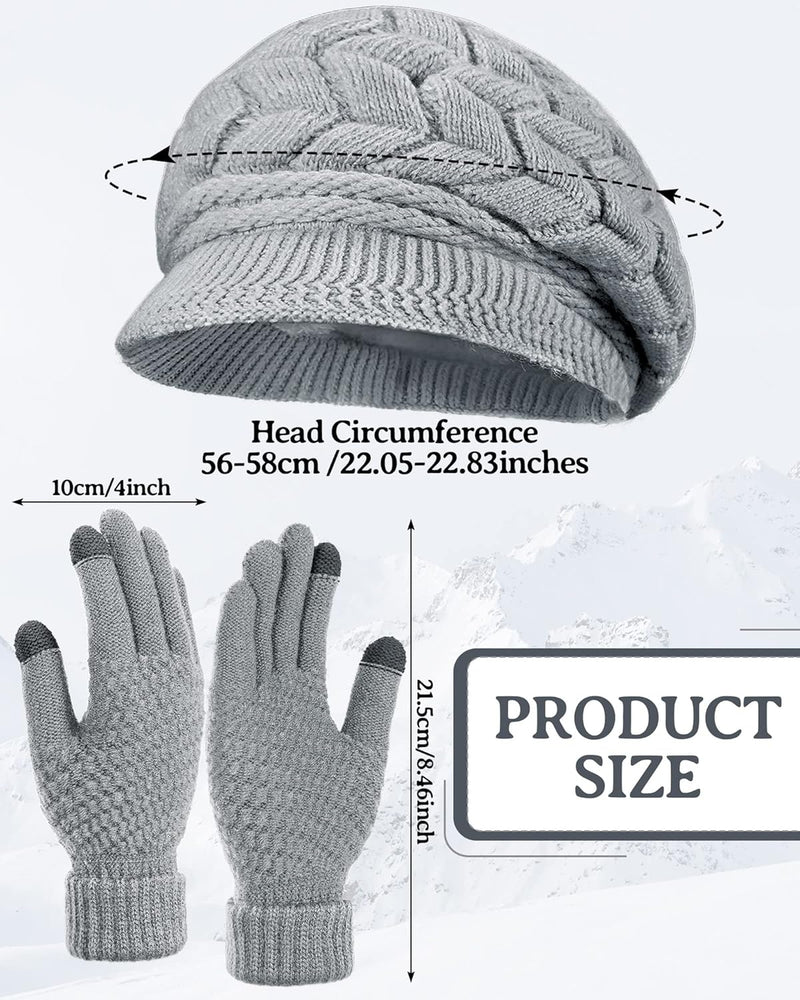 4 Pieces Women Winter Hat and Glove Set, Warm Knitted Beanie Hat Glove Snow Ski Skull Cap with Visor and Touchscreen Glove