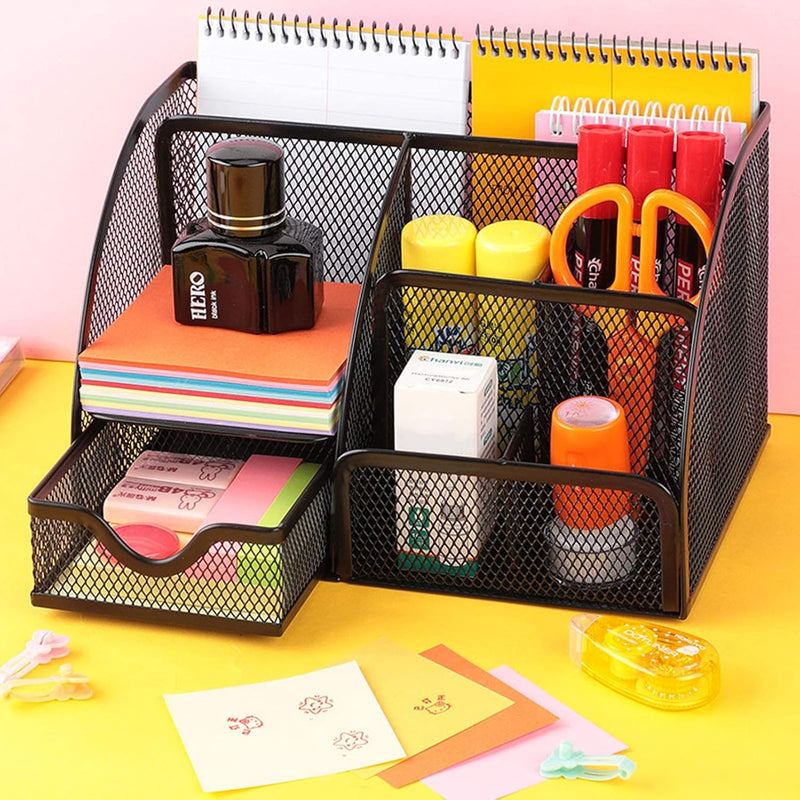 KASTWAVE Mesh Desk Organizer, Office Desk Organizer and Accessories, All in One Desk Organizer Pencil Holder with Drawer, Desktop Organizer with More Space for Office Supplies and Desk