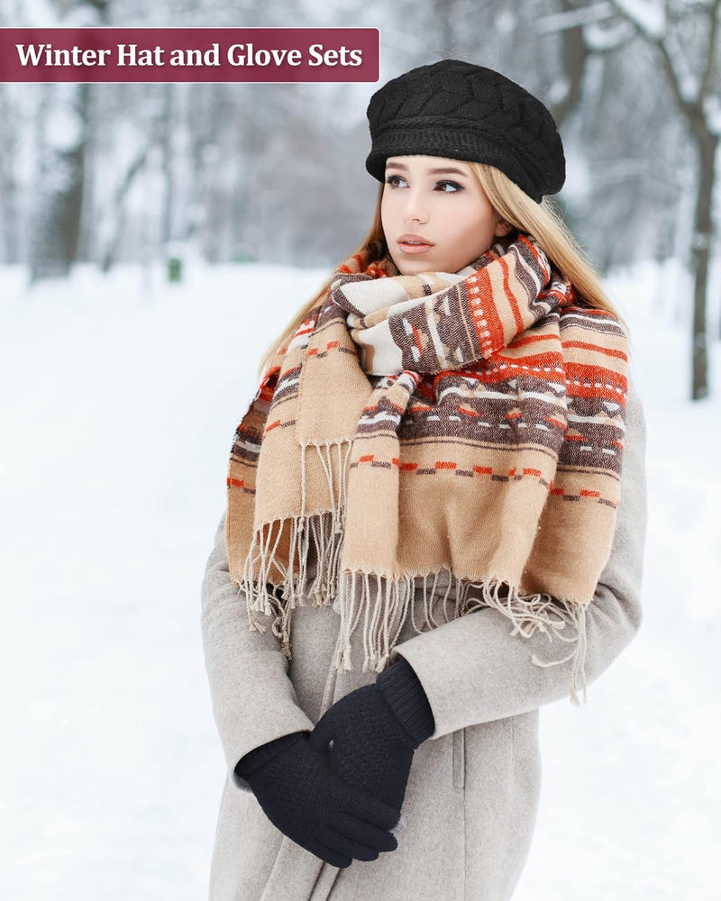 4 Pieces Women Winter Hat and Glove Set, Warm Knitted Beanie Hat Glove Snow Ski Skull Cap with Visor and Touchscreen Glove