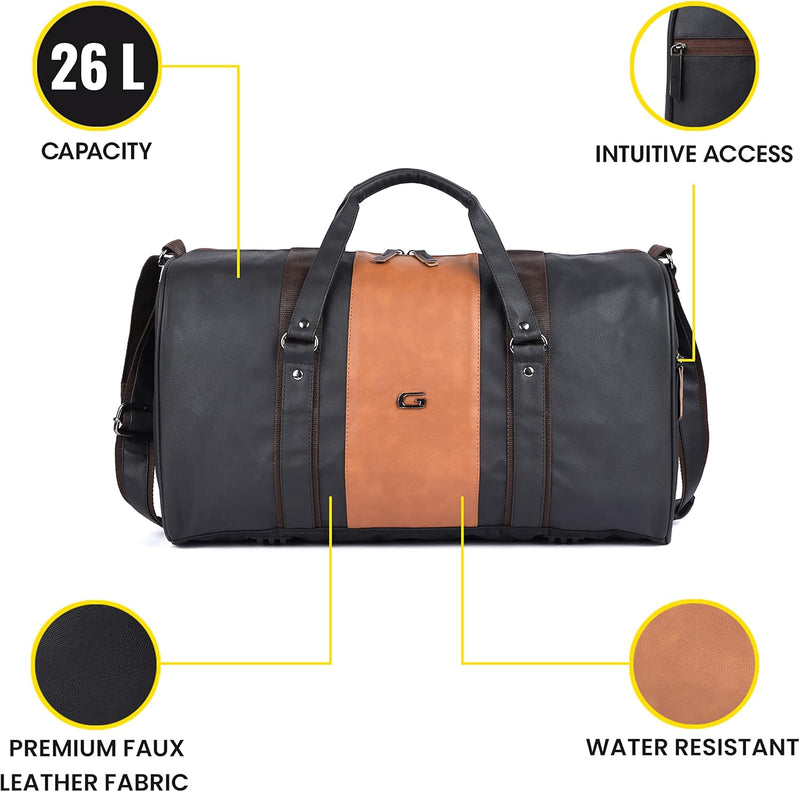 Vintage Faux-Leather 26L Medium Water Resistant Travel Duffle Bag/Gym Bag/Sports Duffle for Men/Women (Black)