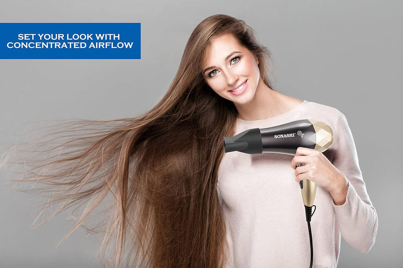 Sonashi Hair Dryer With 2 Heat And 2 Speed Settings Lightweight & Portable Design With Overheat Protection Foldable For Easy Storage Travel Friendly Professional Hair Dryer SHD-5008 Gold/Black