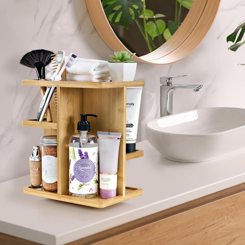 Sorbus 360 Bamboo Cosmetic Organizer, Multi-Function Storage Carousel for Makeup, Toiletries, and More - Great for Vanity, Desk, Bathroom, Bedroom, Closet, Kitchen - Tan