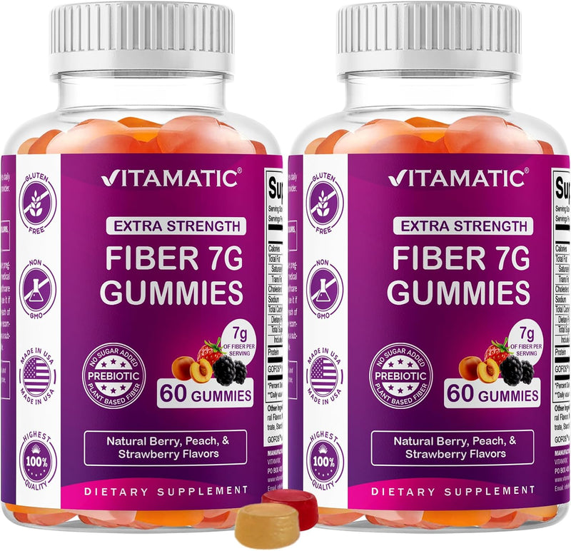 2 Pack Prebiotic Fiber Gummies for Adults - 7G Fiber Extra Strength - Zero Sugar Added - 60 Pectin Based Gummies - Digestive Health & Regularity Support - 120 Count (Pack of 1)