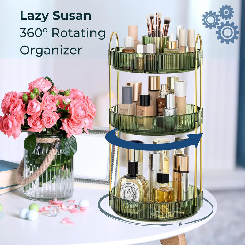 Sortify Rotating Makeup Organizer with Makeup Brush Holder, Save 80% of Vanity Space with Luxury Cosmetic Organizer 3 Tier, 360° Spinning Lazy Susan Skincare Organizer Stand, Gold 47x23x23cm
