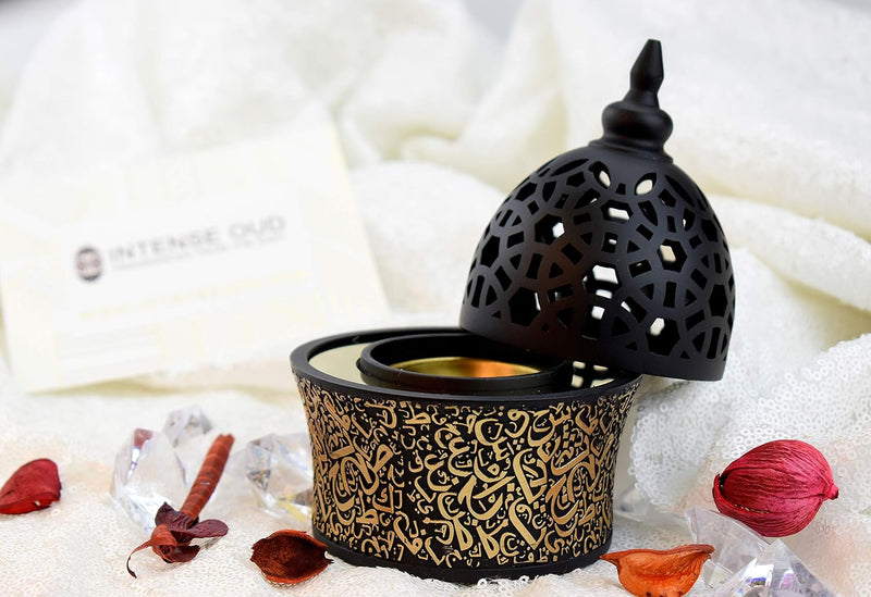 Calligraphy Style Closed Incense Burner (Mabkhara) Metal Tray Inside 8in Tall - Black