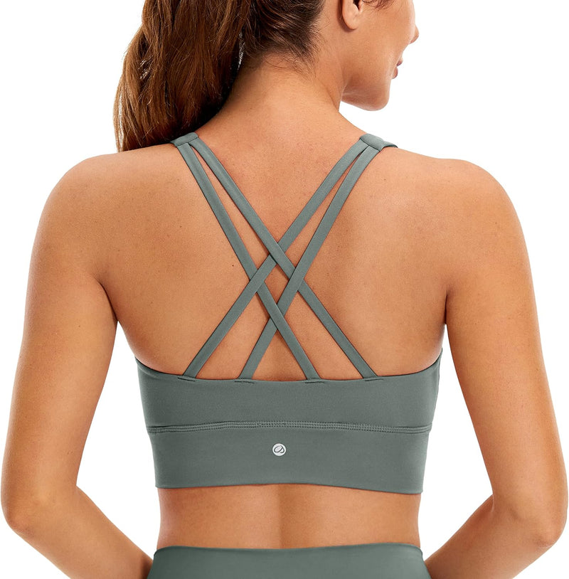 CRZ YOGA Womens Butterluxe Strappy High Neck Longline Sports Bra - Padded Criss Cross Back Workout Sports Bras Crop Tank Top