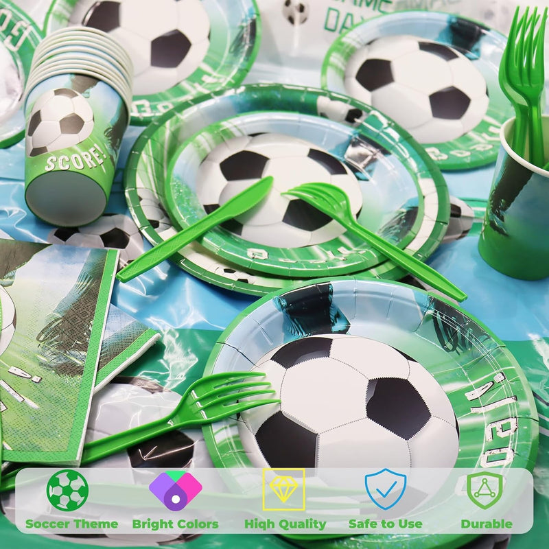 Soccer Birthday Party Decorations 140 PCS, Complete Soccer Party Set for 20 Guests, Includes Plates, Napkins, Cups, Banner, Balloons, Tablecloth, Cutlery
