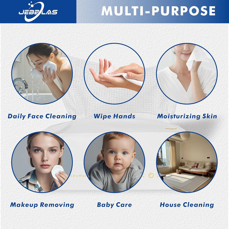 JEBBLAS Disposable Face Cleaning Towels Dry Soft Wipe Makeup Removing Cotton Tissue Wet and Dry Daul Use for Sensitive Skin, 60 Pcs/Bag, Total 120 Pcs
