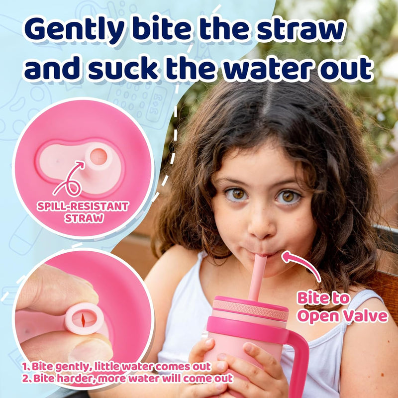 Tronco 14oz Insulated Stainless Steel Kids Travel Cup - BPA-Free Toddler Tumbler with Splash-Proof Flexible Straw, Ergonomic Handle & Splash Guard Lid for Car/Outdoor Use, Easy to Clean