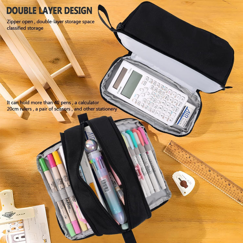 Large Capacity Pencil Case 4 Compartments, Portable Pencil Pouch Bag with Zipper and Handle, Stationery Organizer for School, College, Office, Teens, Adults, Boys and Girls, Black
