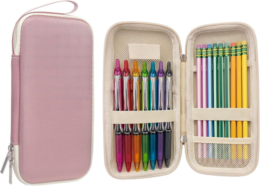 Pen Pencil Case, Slim Portable Pen Box with Compartments, EVA Hard Shell Pencil Case Pouch, Lightweight Travel Stationery Storage for School Office Supplies -Black - Pink