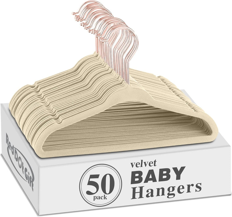 Red Dot Gift® 50 Pack Baby Velvet Hangers 11Inch/28cm - Nursery Clothes Hangers Non Slip Toddler Hangers, 360 Chrome Swivel Hook (White, 50)
